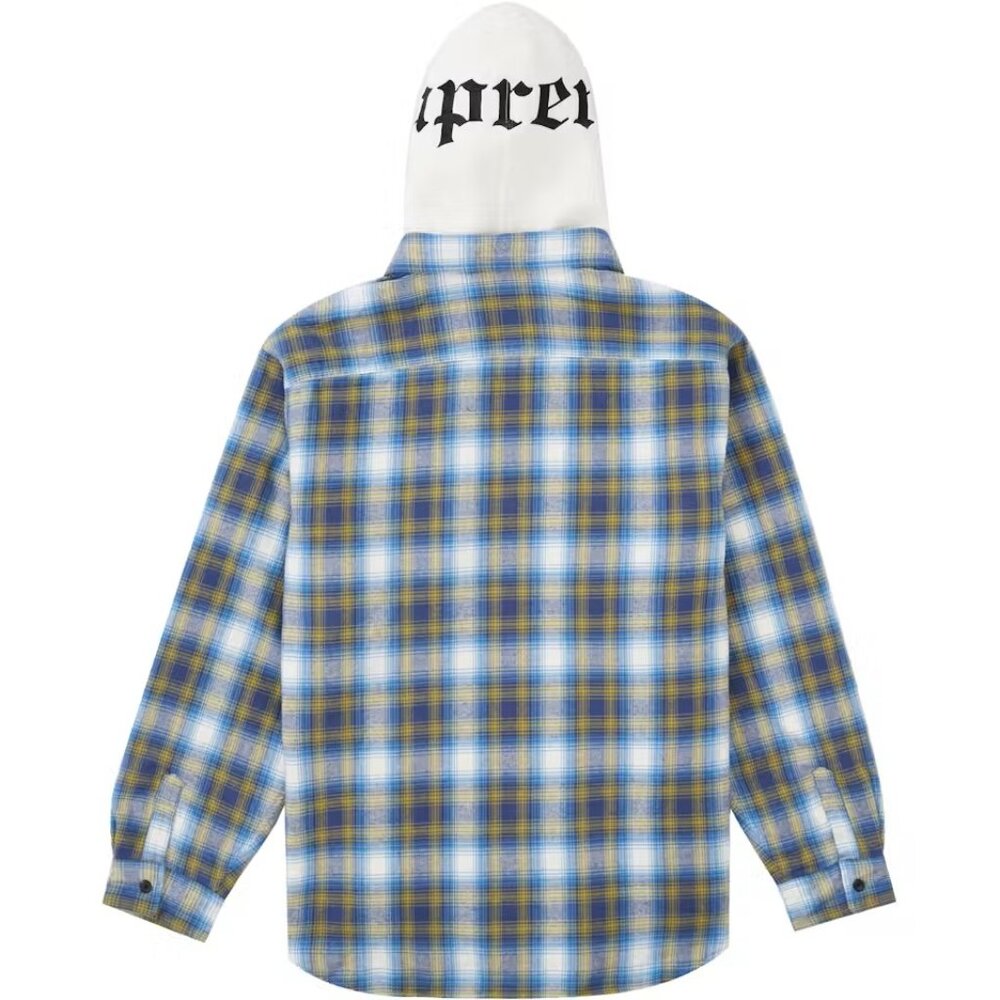 Supreme Hooded Flannel Zip Up Shirt Blue Green Plaid with Hoodie